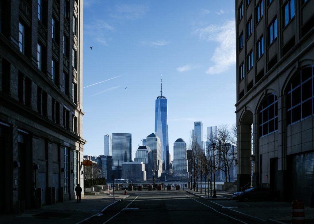 Exchange Place waterfront at dusk in Jersey City